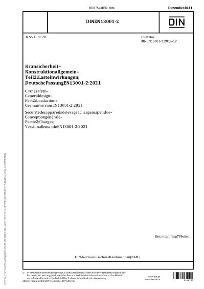 DIN EN 13001-2-2021Crane safety - General design - Part 2: Load actions; German version EN 13001-2:2021