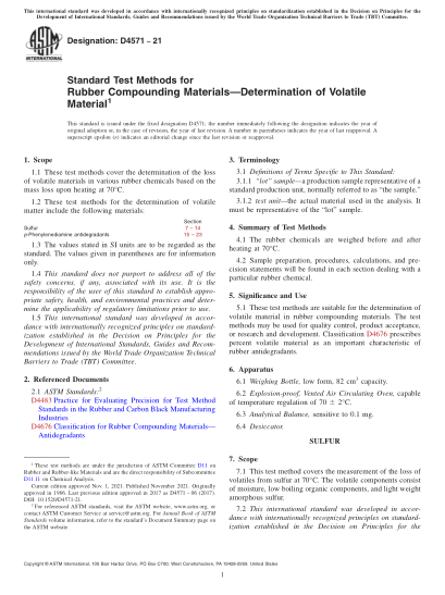 ASTM D4571-2021Standard Test Methods for Rubber Compounding Materials—Determination of Volatile Material