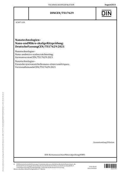 DIN CEN/TS 17629-2021Nanotechnologies - Nano- and micro- scale scratch testing; German version CEN/TS 17629:2021