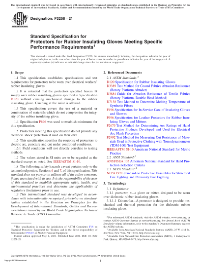 ASTM F3258-2021滿足特定性能要求的橡膠絕緣手套保護(hù)器的標(biāo)準(zhǔn)規(guī)范Standard Specification for Protectors for Rubber Insulating Gloves Meeting Specific Performance Requirements