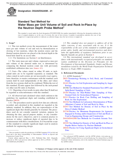ASTM D5220/D5220M-2021Standard Test Method for Water Mass per Unit Volume of Soil and Rock In-Place by the Neutron Depth Probe Method