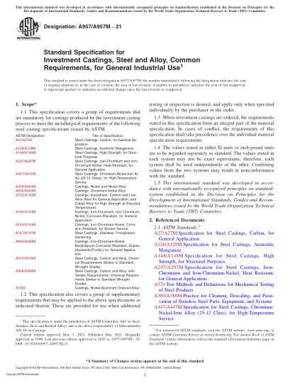 ASTM A957/A957M-2021Standard Specification for Investment Castings, Steel and Alloy, Common Requirements, for General Industrial Use