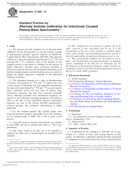 ASTM C1590-2021Standard Practice for Alternate Actinide Calibration for Inductively Coupled Plasma-Mass Spectrometry