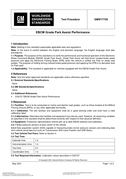 GMW 17726-2021Ebcm Grade Park Assist Performance (Issue 2; English; See Also Gmw Cg4727)