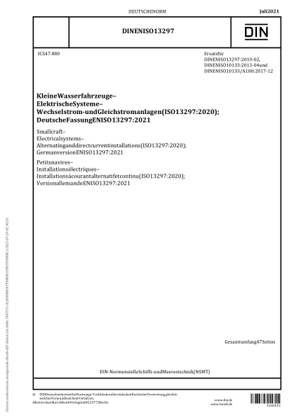 DIN EN ISO 13297-2021Small craft - Electrical systems - Alternating and direct current installations (ISO 13297:2020); German version EN ISO 13297:2021