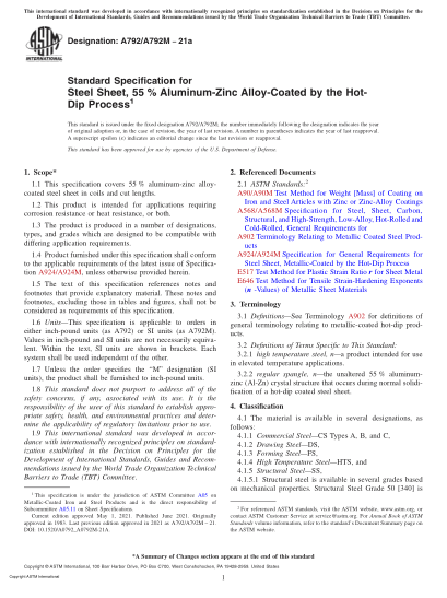 ASTM A792/A792M-2021aStandard Specification for Steel Sheet, 55?% Aluminum-Zinc Alloy-Coated by the Hot-Dip Process
