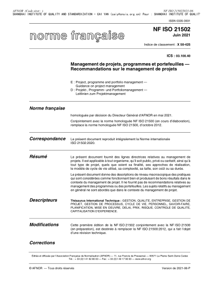 NF ISO 21502-2021Project, programme and portfolio management - Guidance on project management