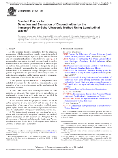 ASTM E1001-2021Standard Practice for Detection and Evaluation of Discontinuities by the Immersed Pulse-Echo Ultrasonic Method Using Longitudinal Waves