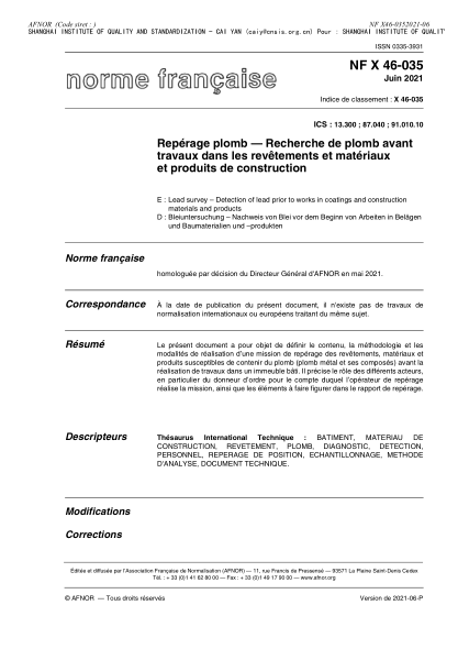 NF X46-035-2021Lead survey - Detection of lead prior to works in coatings and construction materials and products