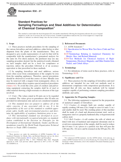 ASTM E32-2021Standard Practices for Sampling Ferroalloys and Steel Additives for Determination of Chemical Composition