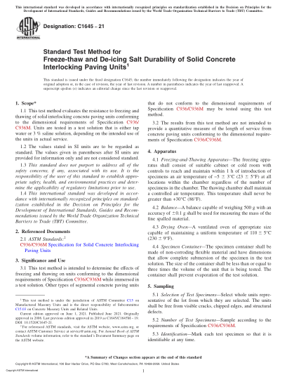 ASTM C1645-2021Standard Test Method for Freeze-thaw and De-icing Salt Durability of Solid Concrete Interlocking Paving Units