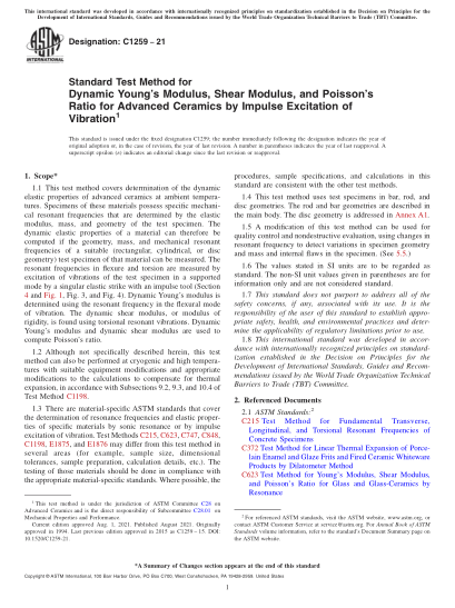ASTM C1259-2021Standard Test Method for Dynamic Young’s Modulus, Shear Modulus, and Poisson’s Ratio for Advanced Ceramics by Impulse Excitation of Vibration