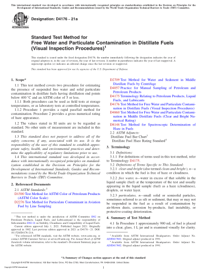 ASTM D4176-2021aStandard Test Method for Free Water and Particulate Contamination in Distillate Fuels (Visual Inspection Procedures)