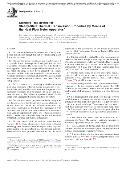 ASTM C518-2021Standard Test Method for Steady-State Thermal Transmission Properties by Means of the Heat Flow Meter Apparatus