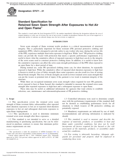 ASTM D7571-2021Standard Specification for Retained Sewn Seam Strength After Exposures to Hot Air and Open Flame