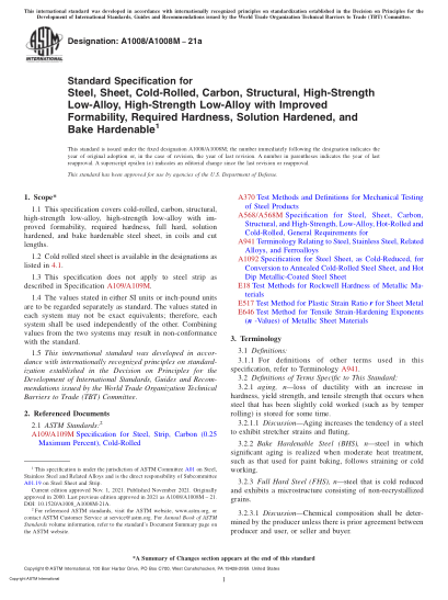 ASTM A1008/A1008M-2021aStandard Specification for Steel, Sheet, Cold-Rolled, Carbon, Structural, High-Strength Low-Alloy, High-Strength Low-Alloy with Improved Formability, Required Hardness, Solution Hardened, and Bake Hardenable
