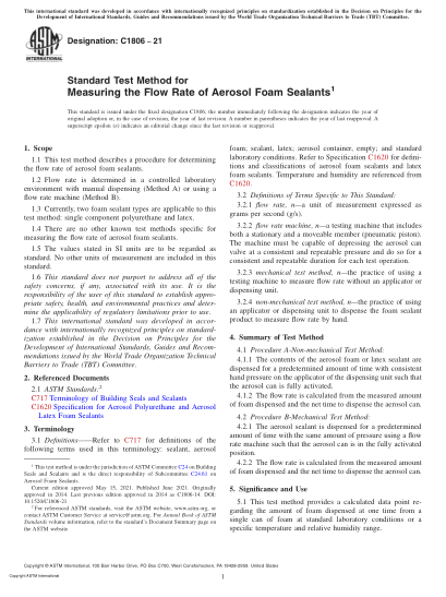 ASTM C1806-2021Standard Test Method for Measuring the Flow Rate of Aerosol Foam Sealants