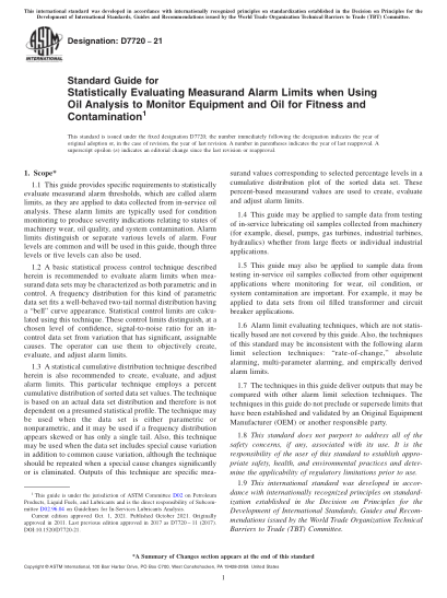 ASTM D7720-2021Standard Guide for Statistically Evaluating Measurand Alarm Limits when Using Oil Analysis to Monitor Equipment and Oil for Fitness and Contamination