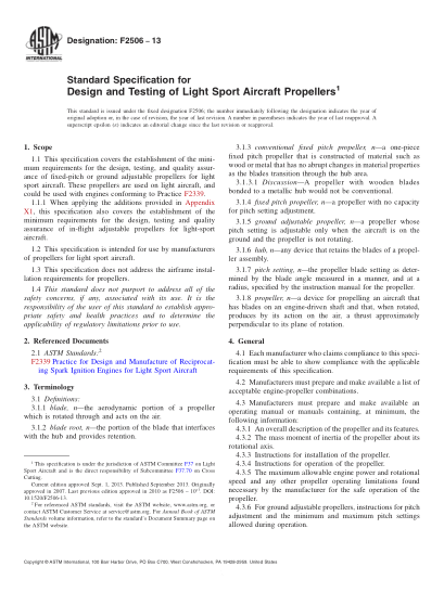 ASTM F2506-2013固定螺距或地面可調(diào)節(jié)的輕型運(yùn)動(dòng)飛行器推行器的設(shè)計(jì)及測(cè)試規(guī)范Standard Specification for Design and Testing of Light Sport Aircraft Propellers