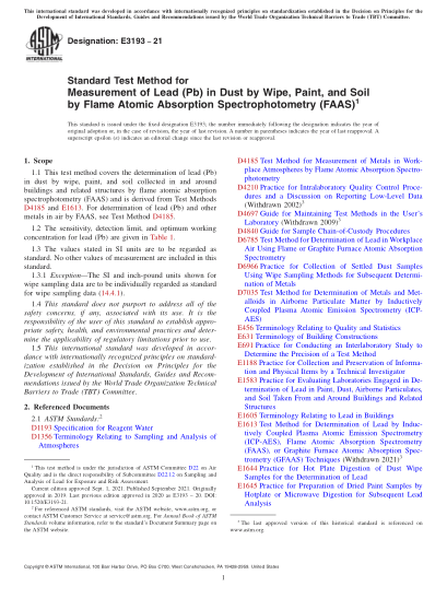 ASTM E3193-2021Standard Test Method for Measurement of Lead (Pb) in Dust by Wipe, Paint, and Soil by Flame Atomic Absorption Spectrophotometry (FAAS)