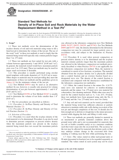ASTM D5030/D5030M-2021Standard Test Methods for Density of In-Place Soil and Rock Materials by the Water Replacement Method in a Test Pit