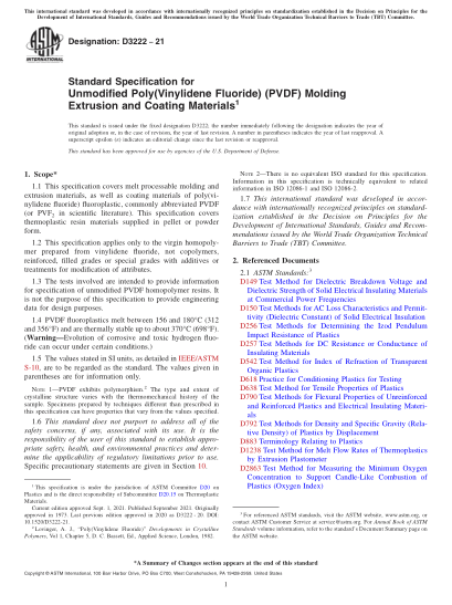 ASTM D3222-2021Standard Specification for Unmodified Poly(Vinylidene Fluoride) (PVDF) Molding Extrusion and Coating Materials