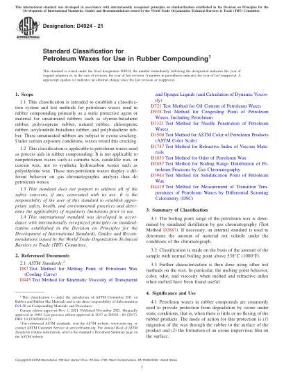 ASTM D4924-2021Standard Classification for Petroleum Waxes for Use in Rubber Compounding