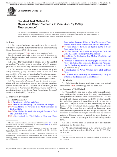 ASTM D4326-2021Standard Test Method for Major and Minor Elements in Coal Ash By X-Ray Fluorescence