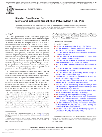ASTM F2788/F2788M-2021Standard Specification for Metric and Inch-sized Crosslinked Polyethylene (PEX) Pipe