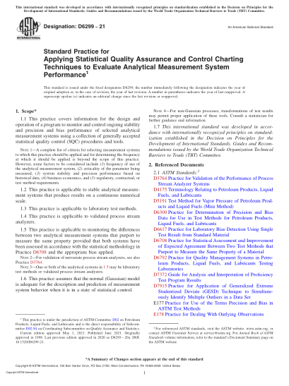 ASTM D6299-2021Standard Practice for Applying Statistical Quality Assurance and Control Charting Techniques to Evaluate Analytical Measurement System Performance