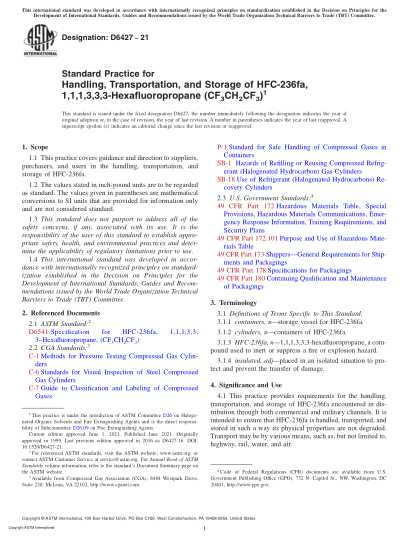 ASTM D6427-2021Standard Practice for Handling, Transportation, and Storage of HFC-236fa, 1,1,1,3,3,3-Hexafluoropropane (CF3CH2CF3)