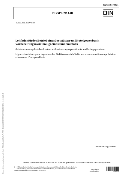 DIN SPEC 91448-2021Guide on running a hotel and restaurant business in preparation for and during a pandemic