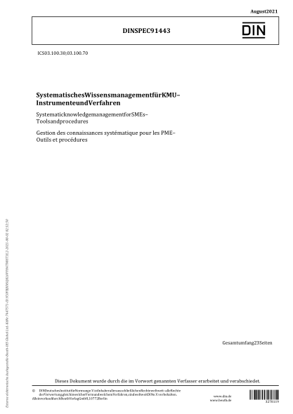 DIN SPEC 91443-2021Systematic knowledge management for SMEs - Tools and procedures