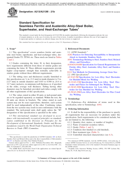 ASTM A213/A213M-2021bStandard Specification for Seamless Ferritic and Austenitic Alloy-Steel Boiler, Superheater, and Heat-Exchanger Tubes