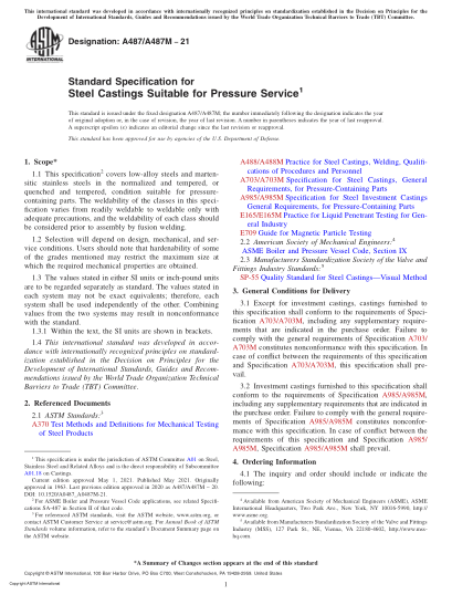 ASTM A487/A487M-2021Standard Specification for Steel Castings Suitable for Pressure Service