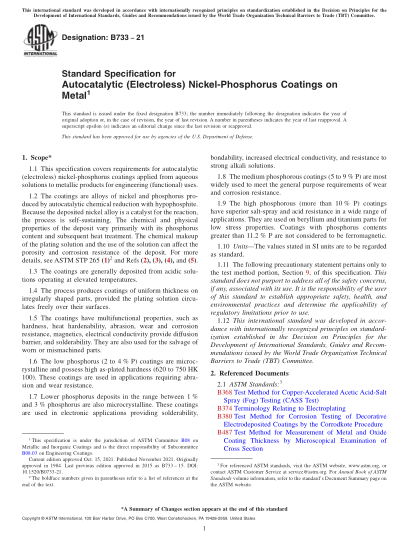ASTM B733-2021Standard Specification for Autocatalytic (Electroless) Nickel-Phosphorus Coatings on Metal