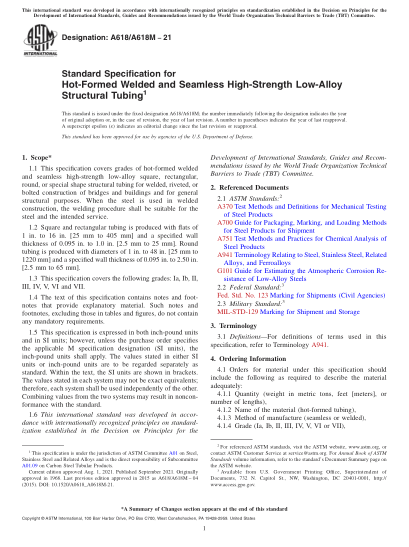 ASTM A618/A618M-2021Standard Specification for Hot-Formed Welded and Seamless High-Strength Low-Alloy Structural Tubing