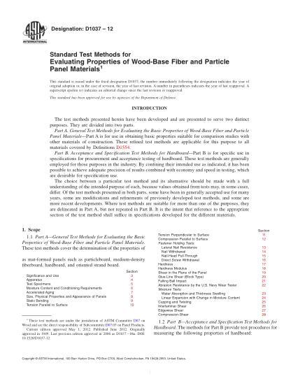 ASTM D1037-2012本質纖維板和刨花板材料性能的評定方法Standard Test Methods for Evaluating Properties of Wood-Base Fiber and Particle Panel Materials
