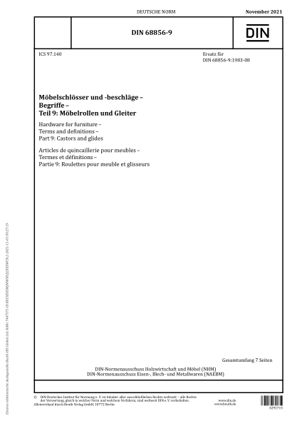 DIN 68856-9-2021Hardware for furniture - Terms and definitions - Part 9: Castors and glides