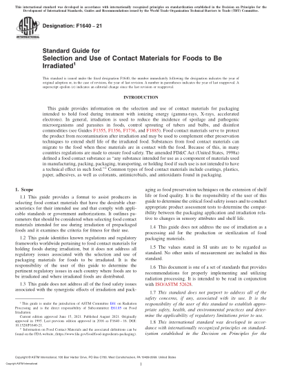 ASTM F1640-2021Standard Guide for Selection and Use of Contact Materials for Foods to Be Irradiated