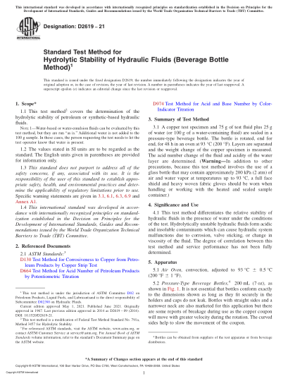 ASTM D2619-2021Standard Test Method for Hydrolytic Stability of Hydraulic Fluids (Beverage Bottle Method)