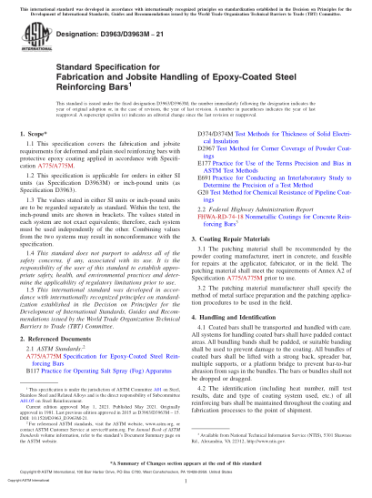 ASTM D3963/D3963M-2021Standard Specification for Fabrication and Jobsite Handling of Epoxy-Coated Steel Reinforcing Bars