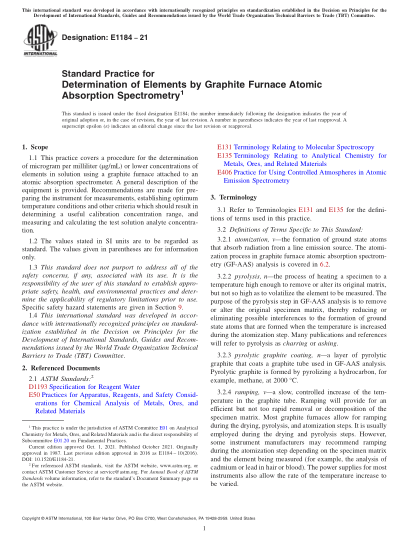 ASTM E1184-2021Standard Practice for Determination of Elements by Graphite Furnace Atomic Absorption Spectrometry