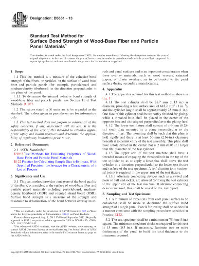 ASTM D5651-2013木質(zhì)纖維板及粒子板材料表面粘結(jié)強(qiáng)度試驗(yàn)方法Standard Test Method for Surface Bond Strength of Wood-Base Fiber and Particle Panel Materials