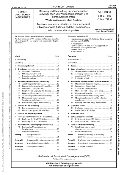 VDI 3834 Blatt 2-2021Measurement and evaluation of the mechanical vibration of wind turbines and their components - Wind turbines without gearsbox