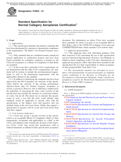 ASTM F3264-2021Standard Specification for Normal Category Aeroplanes Certification