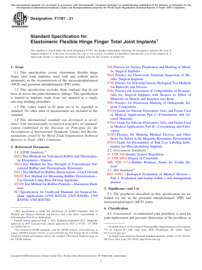 ASTM F1781-2021Standard Specification for Elastomeric Flexible Hinge Finger Total Joint Implants