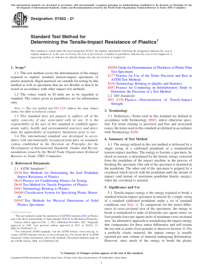 ASTM D1822-2021Standard Test Method for Determining the Tensile-Impact Resistance of Plastics