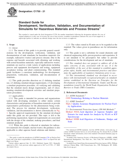 ASTM C1750-2021Standard Guide for Development, Verification, Validation, and Documentation of Simulants for Hazardous Materials and Process Streams