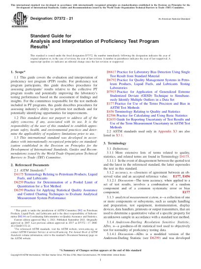 ASTM D7372-2021Standard Guide for Analysis and Interpretation of Proficiency Test Program Results